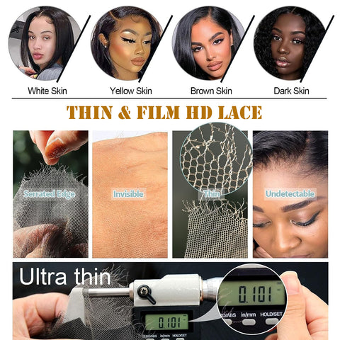 Thin & Film HD Lace | 13x4 Full Frontal Wig Large Parting Space Pre Plucked Clean Hairline Small Konts 180% Density 0.1mm Ultra-thin Scalplike HD Lace