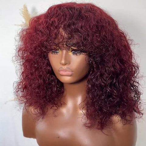 Readtogo Dark Red Curly Bob Wig With Bang Glueless Wig