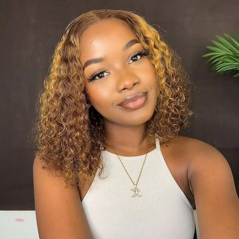 Honey Blonde Bob Wig 4/27 Highlight Ombre 13x4 Lace Front Wigs Water Wavy