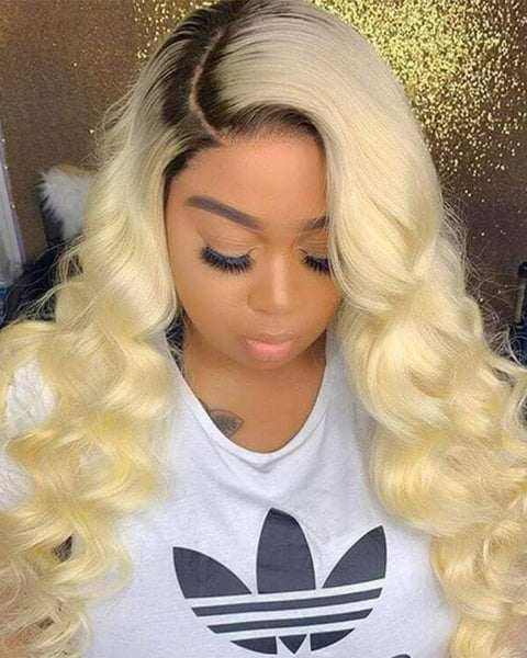 Ombre Color 1B/613 Blonde Human Hair Wigs with Dark Root Body Wavy Human Hair Wig 150% Density